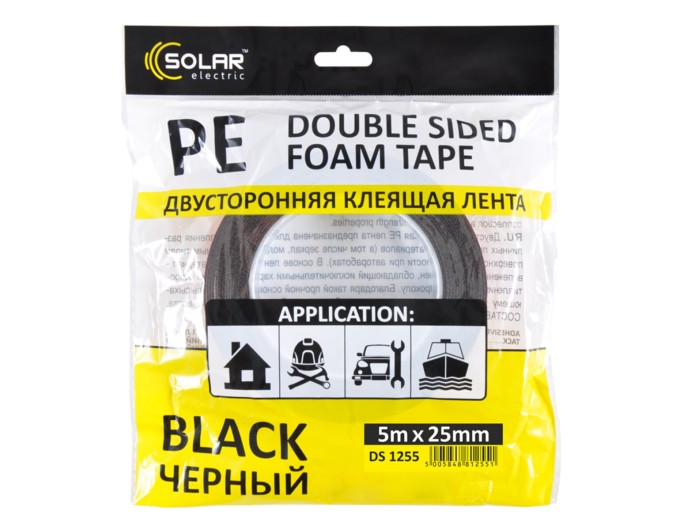 Лента клейкая двусторонняя Solar, PE, черная, 25ммx5м, цена: 29 грн.