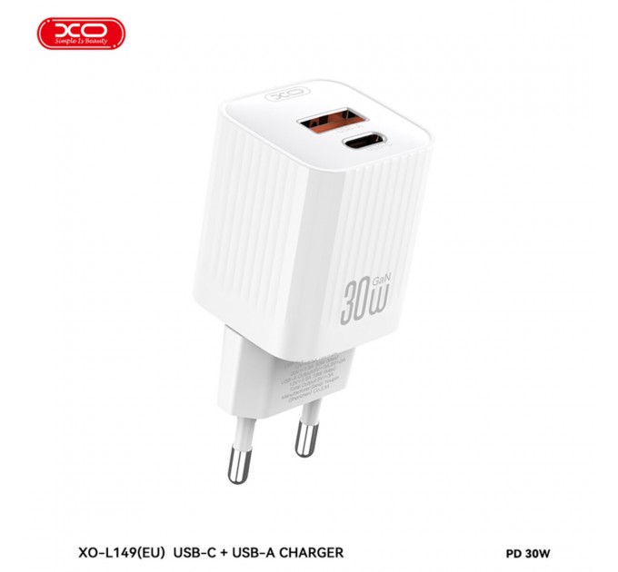 Сетевое зарядное устройство XO L149 PD30W 1USB-A+1USB-C + Lightning кабель белый, цена: 349 грн.