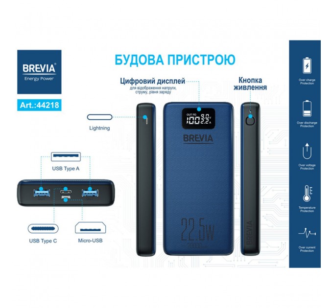 Універсальна мобільна батарея Brevia 20000mAh 22,5W Li-Pol, LCD, ціна: 975 грн.
