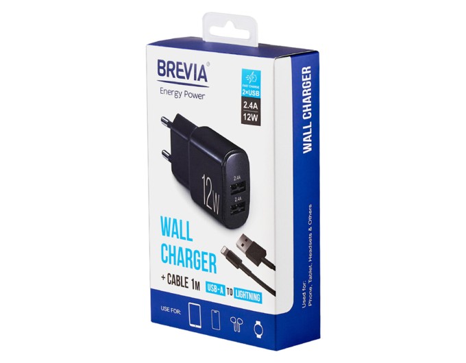Сетевое зарядное устройство Brevia ePower 12W 2xUSB-A + кабель USB-A to Lightning 1м черный, цена: 326 грн.