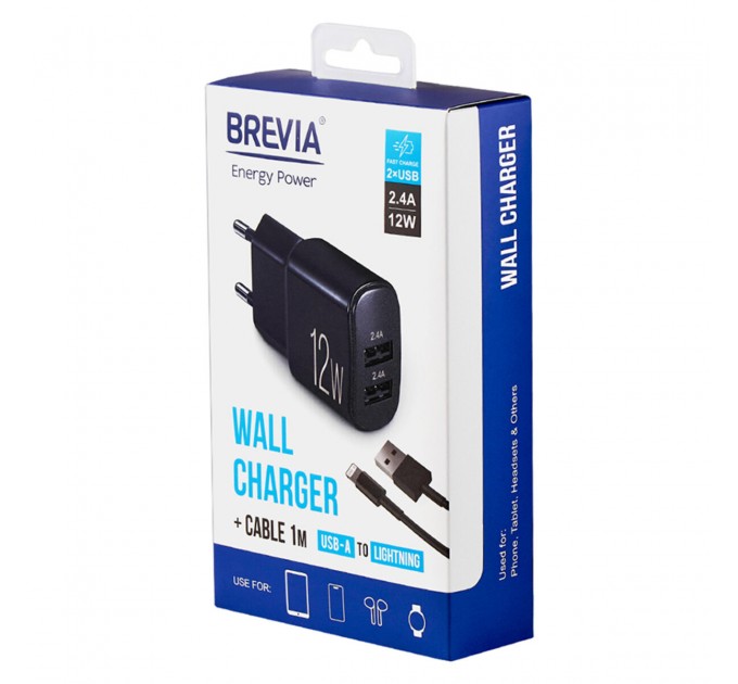 Сетевое зарядное устройство Brevia ePower 12W 2xUSB-A + кабель USB-A to Lightning 1м черный, цена: 319 грн.