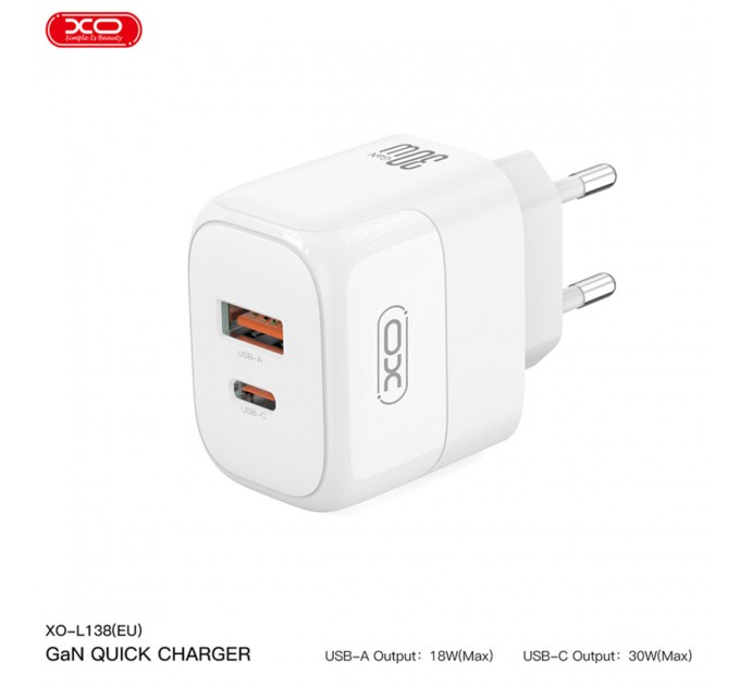 Сетевое зарядное устройство XO L138 PD30W/QC18W 1USB-A+1USB-C + Lightning кабель белый, цена: 399 грн.