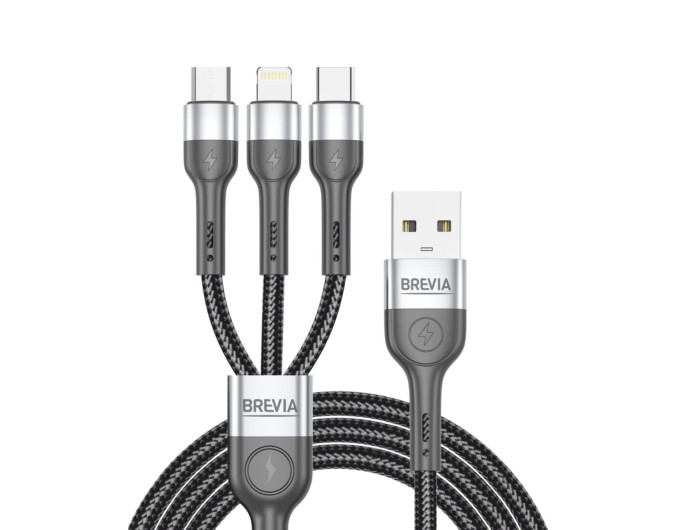 Кабель Brevia 3in1 USB to Lightning+Micro+Type-C 3A 1,2м, чорний, ціна: 290 грн.