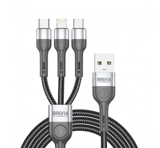 Кабель Brevia 3in1 USB to Lightning+Micro+Type-C 3A 1,2м, черный, цена: 284 грн.