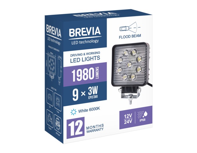 Фара светодиодная Brevia Epistar Flood 10-30V, 27W (9x3W), 1980Lm, 1шт, цена: 430 грн.