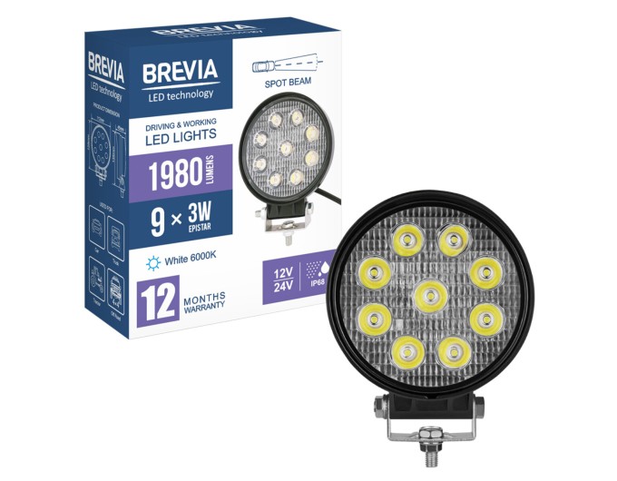 Фара светодиодная Brevia Epistar Spot 10-30V, 27W (9x3W), 1980Lm, 1шт, цена: 430 грн.