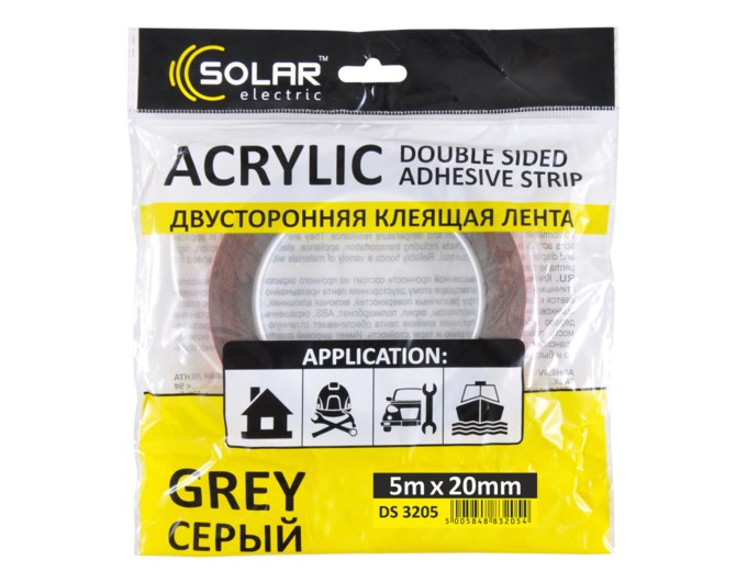 Стрічка клеюча двостороння Solar, ACRYLIC (VHB), сіра, 20ммx5м, ціна: 201 грн.