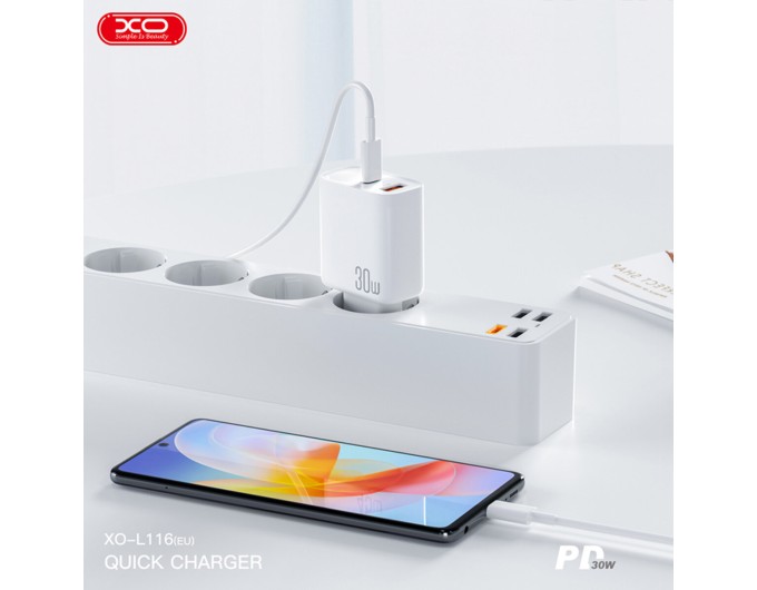 Сетевое зарядное устройство XO L116 PD30W/QC18W 1USB-C+1USB-A + Lightning кабель белый, цена: 399 грн.