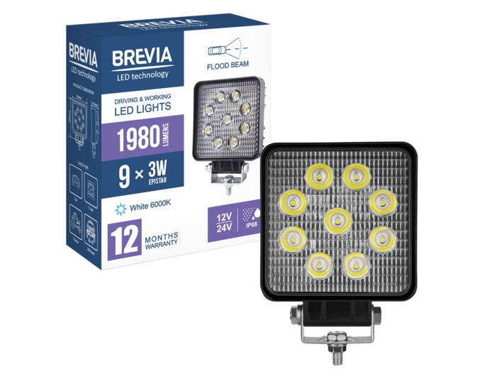Фара светодиодная Brevia Epistar Flood 10-30V, 27W (9x3W), 1980Lm, 1шт, цена: 430 грн.
