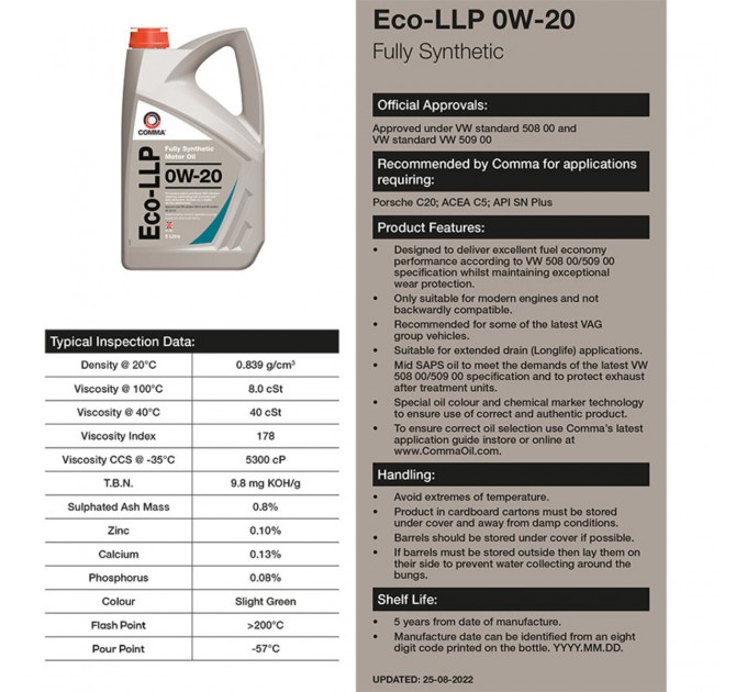 Моторное масло Comma ECO-LLP 0W-20 1л, цена: 551 грн.