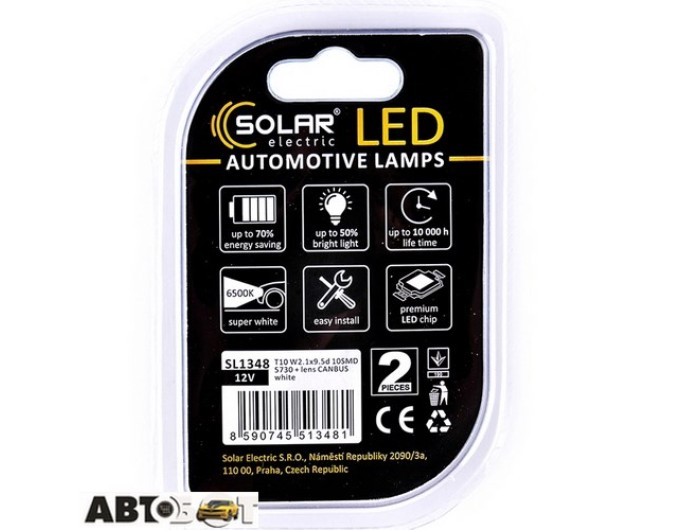 LED лампа SOLAR T10 W2.1x9.5d 12V 10SMD 5730 CANBUS white SL1348 (2 шт.), ціна: 188 грн.