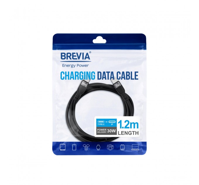 Кабель Brevia Type-C to Lightning 30W 1,2м, черный ZIP, цена: 199 грн.