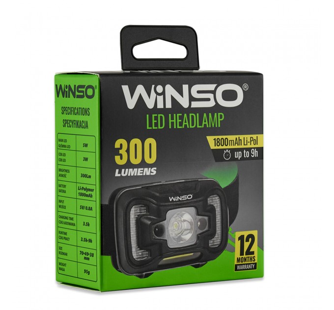 Фонарь налобный Winso 300Lm, 5W CREE XTE+COB, 1800mAh, с сенсором белый/красный, цена: 637 грн.