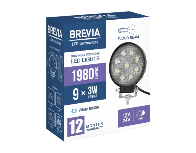 Фара светодиодная Brevia Epistar Flood 10-30V, 27W (9x3W), 1980Lm, 1шт, цена: 430 грн.