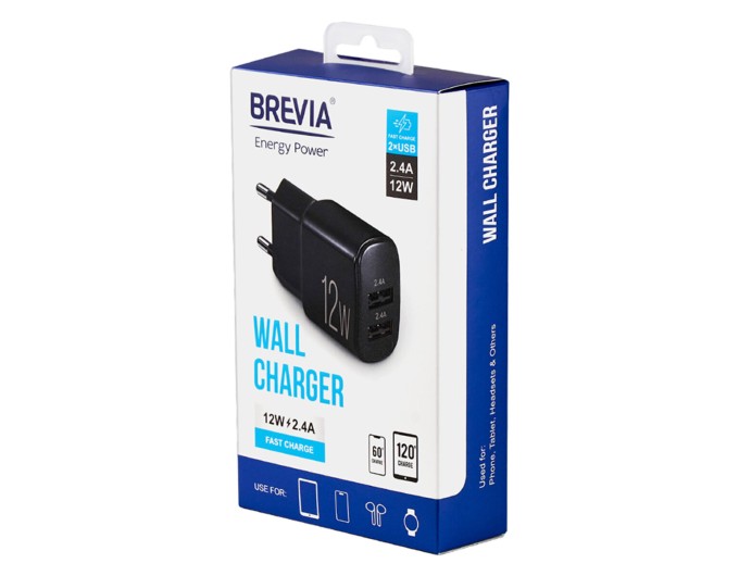 Сетевое зарядное устройство Brevia ePower 12W 2xUSB-A черный, цена: 233 грн.