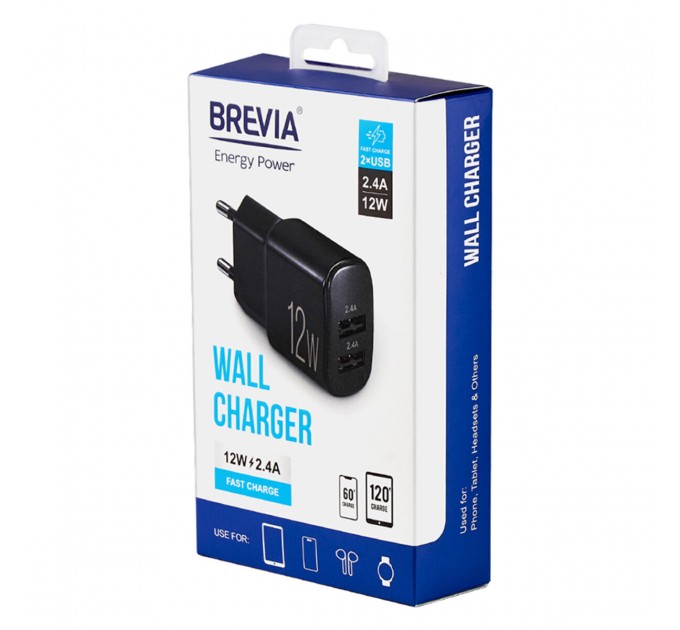 Сетевое зарядное устройство Brevia ePower 12W 2xUSB-A черный, цена: 228 грн.