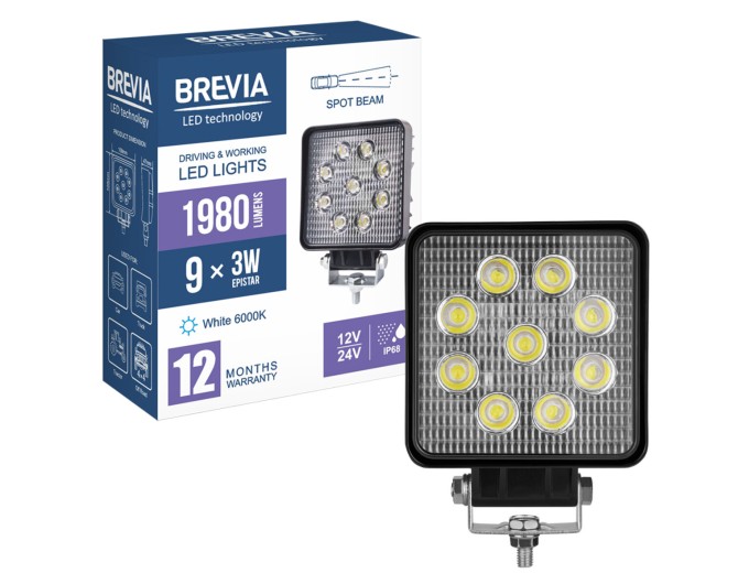 Фара светодиодная Brevia Epistar Spot 10-30V, 27W (9x3W), 1980Lm, 1шт, цена: 430 грн.