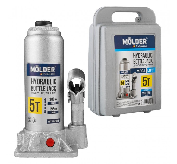 Домкрат гідравлічний пляшковий Molder 5т 195-380мм у кейсі, ціна: 897 грн.