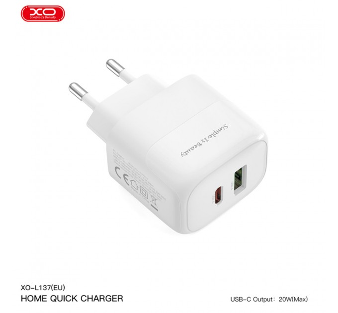 Сетевое зарядное устройство XO L137 PD20W/QC18W 1USB-A+1USB-C + Lightning кабель белый, цена: 269 грн.