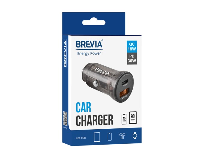 Автомобильное зарядное устройство Brevia ePower DualCharge 30W 1xUSB-C+1xUSB-A, прозрачный черный, цена: 252 грн.