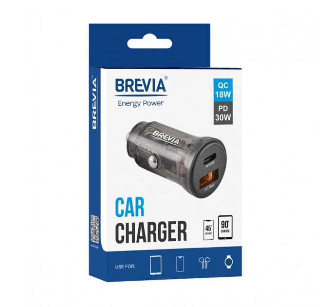 Автомобильное зарядное устройство Brevia ePower DualCharge 30W 1xUSB-C+1xUSB-A, прозрачный черный, цена: 246 грн.