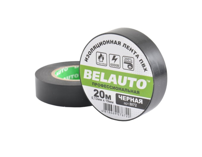 Лента изоляционная ПВХ Belauto 20м, 0.13x19мм, черная, проф., огнеупорная, цена: 41 грн.