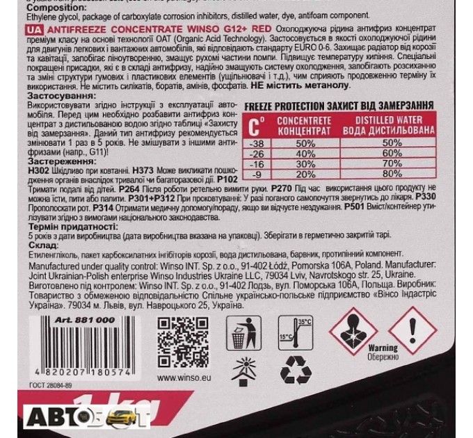 Антифриз Winso ANTIFREEZE & COOLANT CONCENTRATE RED G12+ 881000 1кг, ціна: 163 грн.