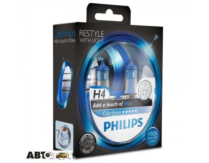 Галогенна лампа Philips H4 ColorVision Blue 12V 12342CVPBS2 (2шт.), ціна: 1 429 грн.