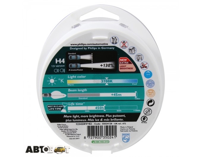 Галогенна лампа Philips X-tremeVision +130% H4 12V 12342XVS2 (2 шт.), ціна: 914 грн.