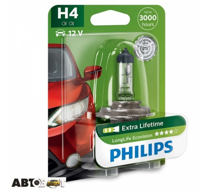 Галогенна лампа Philips H4 LongLife EcoVision 12V 12342LLECOB1 (1шт.), ціна: 192 грн.