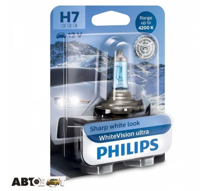 Галогенная лампа Philips WhiteVision ultra +60% H7 4200K 12972WVUB1 (1 шт.), цена: 494 грн.